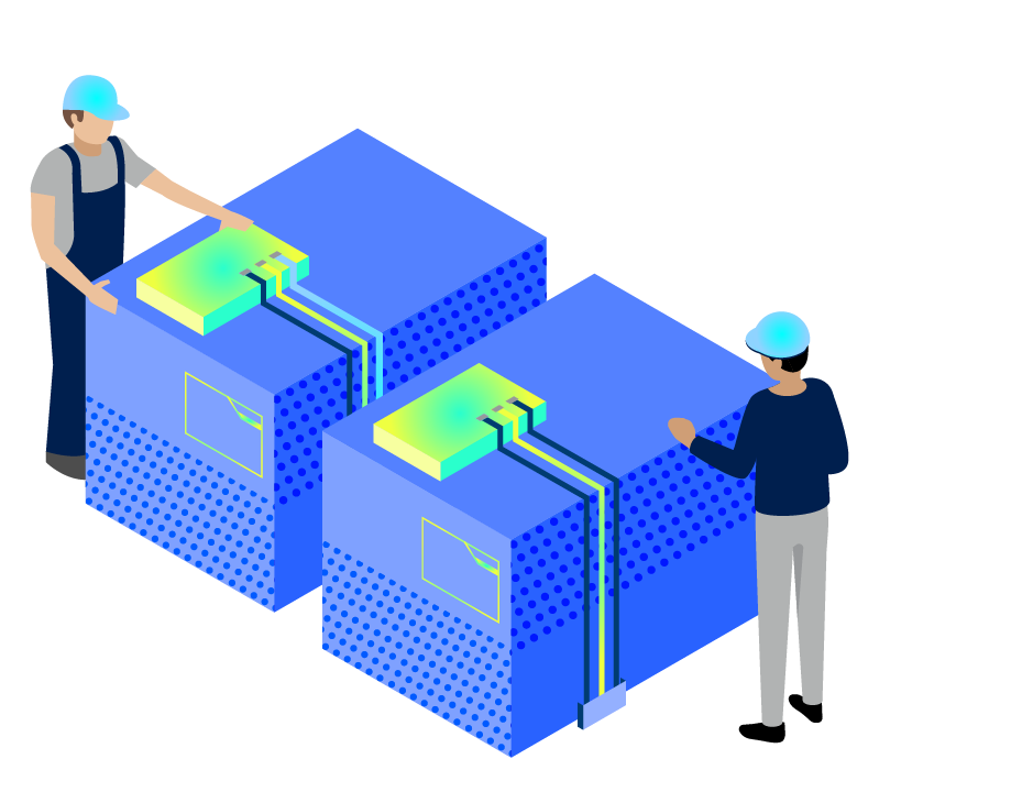 Graphic of two workers in hats, working on large servers with control panels on top, working on energy transition.
