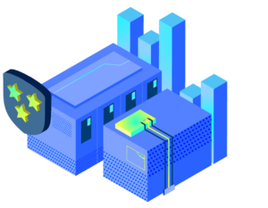 Graphic of blue Utility towers, with columns behind them, and there's a badge that has three stars on it in front, to emphasize energy transition.