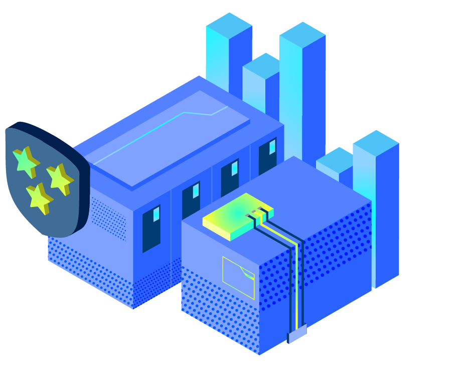 Graphic of blue Utility towers, with columns behind them, and there's a badge that has three stars on it in front, to emphasize energy transition.