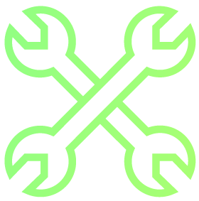 Icon of two wrenches crossing each other, outlined in green.