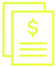 Icon of a document with a dollar sign, outlined in yellow.